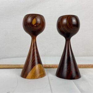 Danish MCM teak 5” vintage candle holder pair pillar